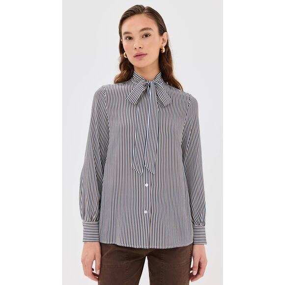 Nili Lotan Carina Silk Tie Blouse in Ivory Brown and Navy Stripe M - Picture 1 of 4